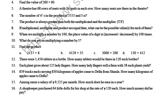 CBSE Class 4 Maths Multiplication Question Bank 2