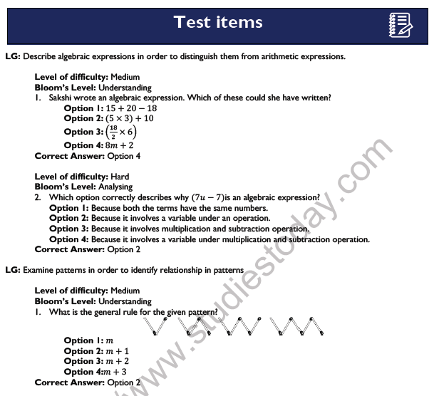 CBSE Class 6 Mathematics Algebra Worksheet Set A 1