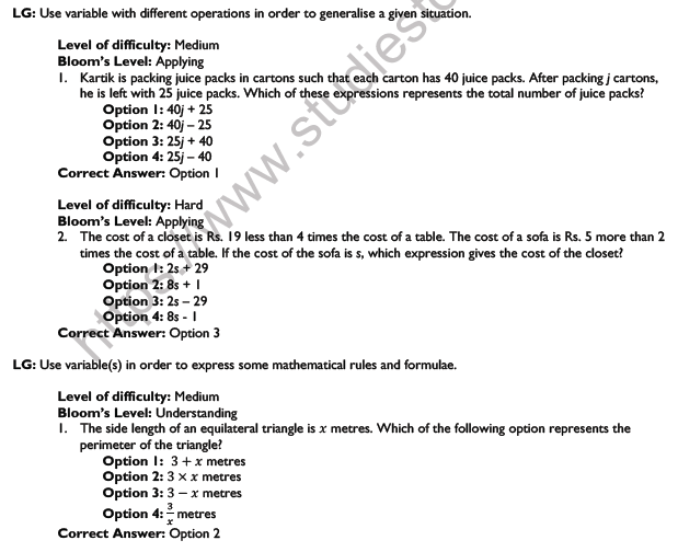 CBSE Class 6 Mathematics Algebra Worksheet Set A 4