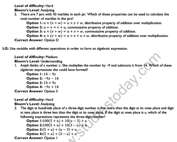 CBSE Class 6 Mathematics Algebra Worksheet Set A 5