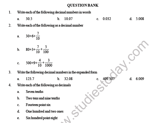 CBSE Class 6 Maths Decimals Question Bank 1