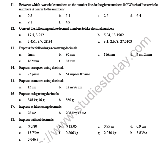 CBSE Class 6 Maths Decimals Question Bank 3