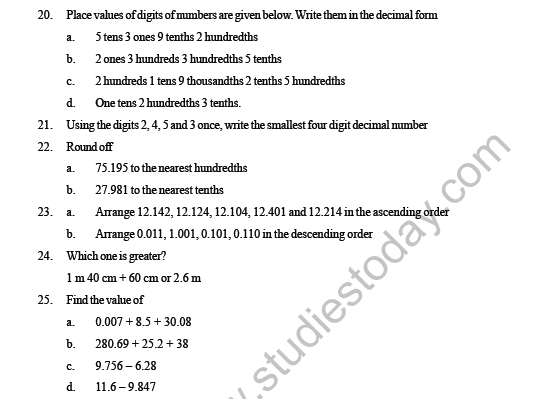 CBSE Class 6 Maths Decimals Question Bank 5