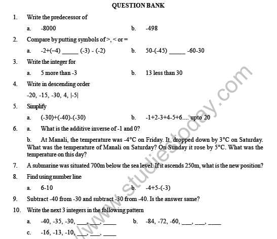 CBSE Class 6 Maths Integers Question Bank 1
