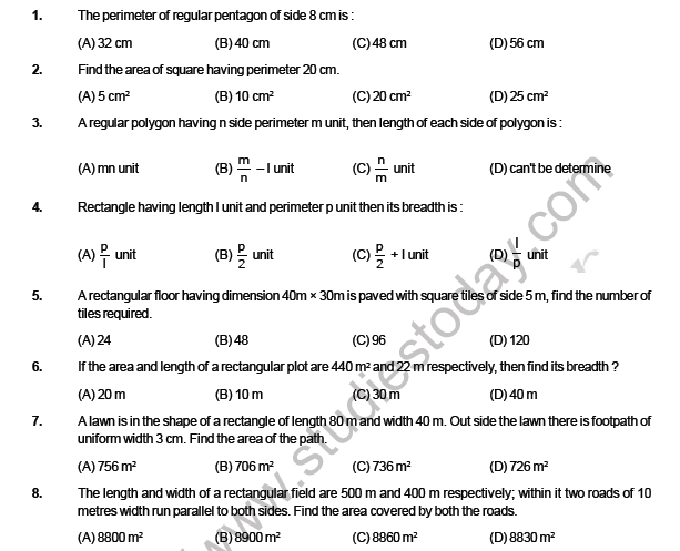 CBSE Class 6 Maths Mensuration MCQs Set B 1