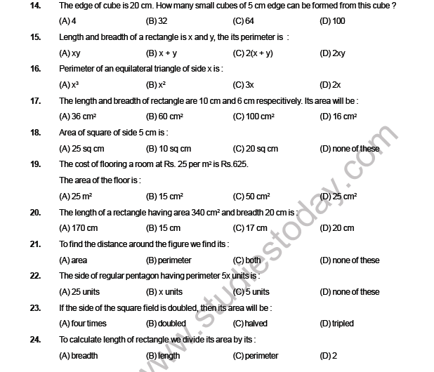 CBSE Class 6 Maths Mensuration MCQs Set B 3