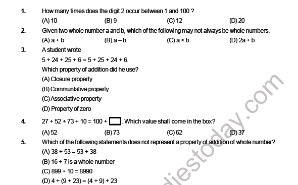 CBSE Class 6 Maths Whole Numbers MCQs Set B 1