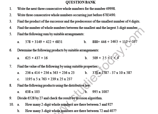 CBSE Class 6 Maths Whole Numbers Question Bank 1