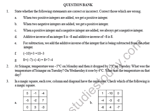 CBSE Class 7 Mathematics Integers Question Bank 1