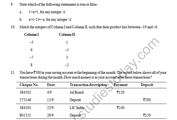 CBSE Class 7 Mathematics Integers Question Bank 3