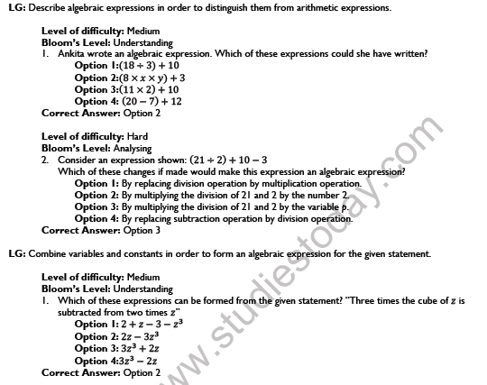 CBSE Class 7 Maths Algebraic Expressions Worksheet Set A 1