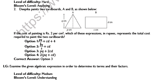 CBSE Class 7 Maths Algebraic Expressions Worksheet Set A 2