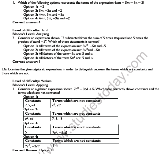 CBSE Class 7 Maths Algebraic Expressions Worksheet Set A 3