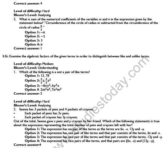 CBSE Class 7 Maths Algebraic Expressions Worksheet Set A 5