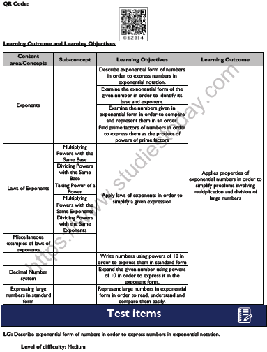 CBSE Class 7 Maths Exponents and Powers Worksheet Set A 1