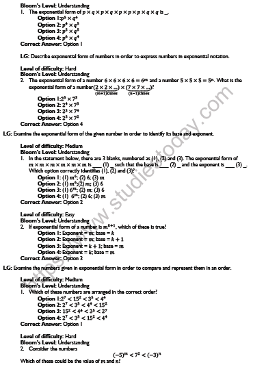 CBSE Class 7 Maths Exponents and Powers Worksheet Set A 2