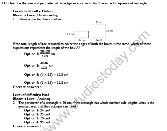 CBSE Class 7 Maths Perimeter and Area Worksheet Set A 1