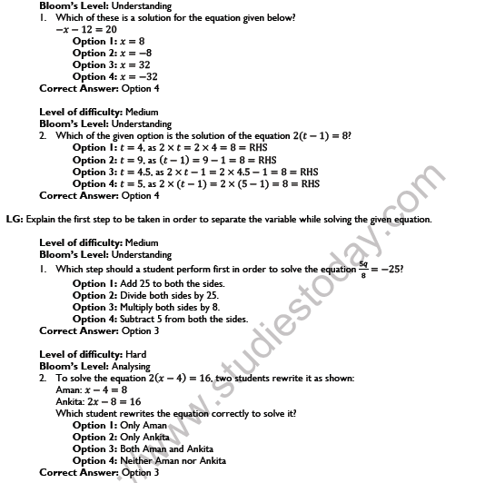 CBSE Class 7 Maths Simple Equations Worksheet Set A 3