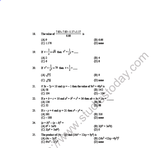 CBSE Class 8 Mathematics Algebraic Expressions and Identities MCQs Set A 3