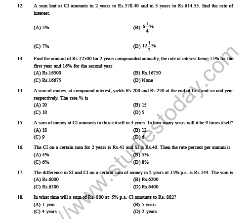 CBSE Class 8 Mathematics Comparing Quantities Compound Interest MCQs Set A 4