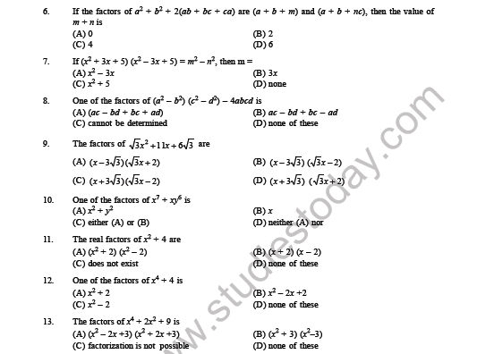 CBSE Class 8 Mathematics Factorization MCQs Set A 2