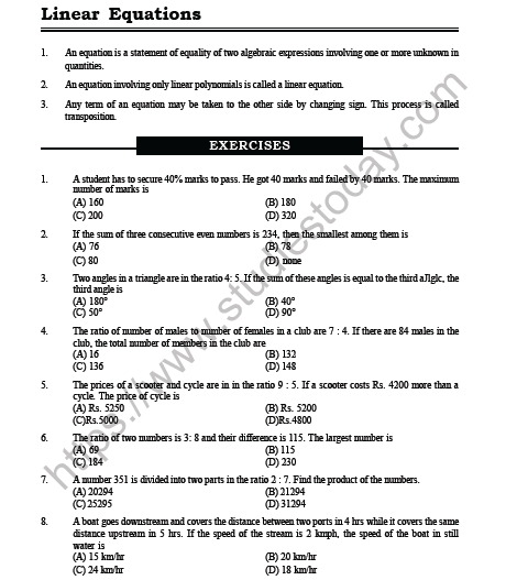 CBSE Class 8 Mathematics Linear Equations in One Variable MCQs Set B 1