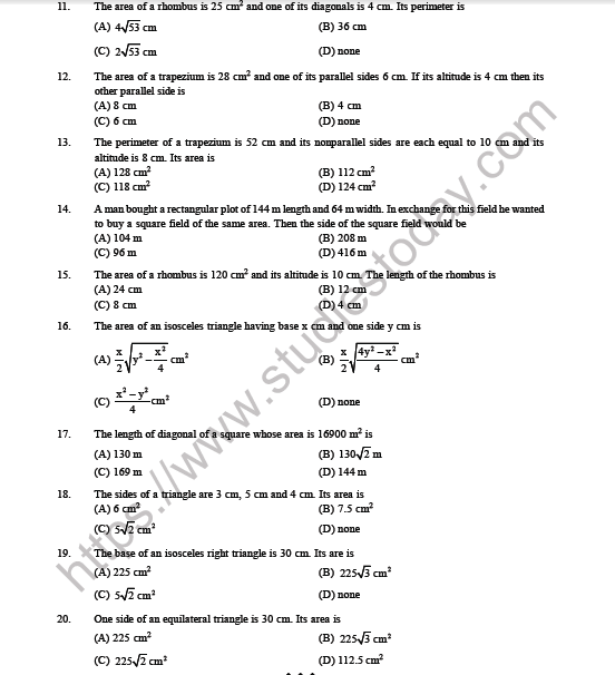 CBSE Class 8 Mathematics Mensuration MCQs Set A 5