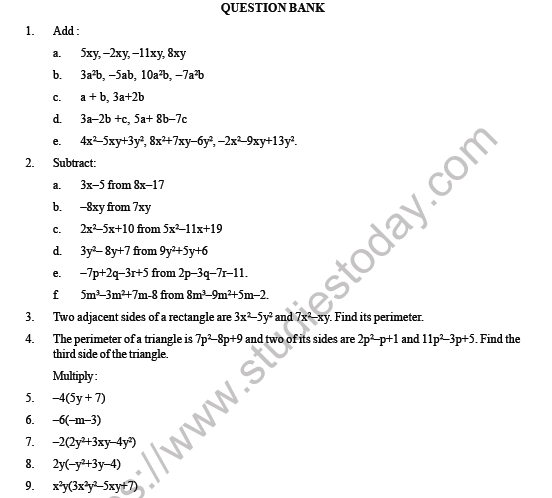 CBSE Class 8 Maths Algebraic Expressions and Identities Question Bank 1