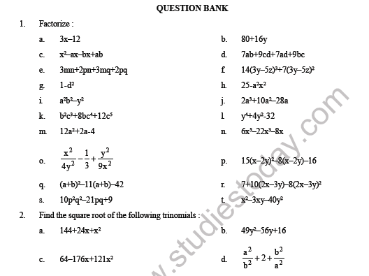 CBSE Class 8 Maths Factorization Question bank 1