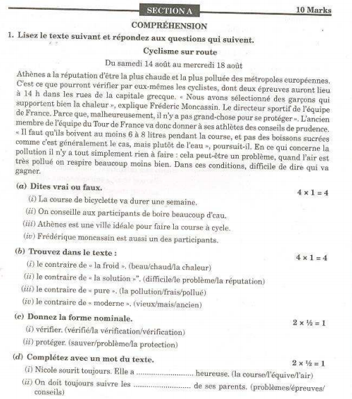 CBSE Class 9 French Sample Paper Set K