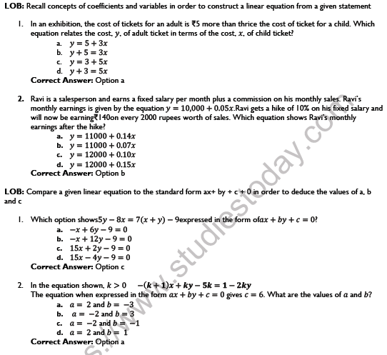 CBSE Class 9 Mathematics Linear Equations in two variables Worksheet Set B 1