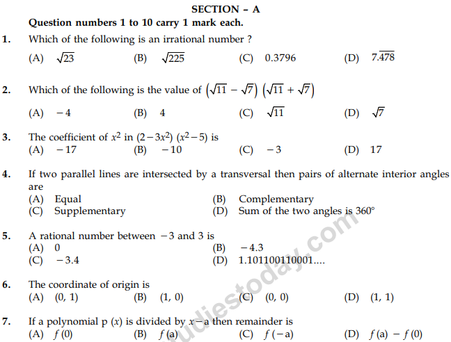 CBSE Class 9 Mathematics Sample Paper Set 37