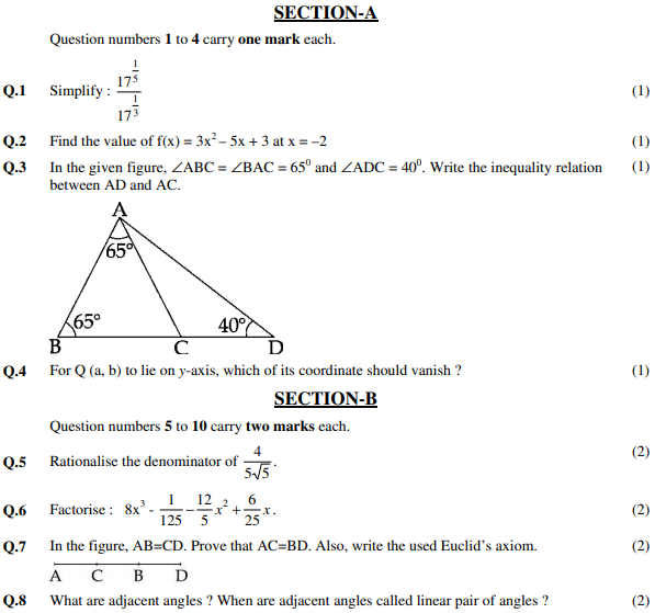 CBSE Class 9 Mathematics Sample Paper Set 62