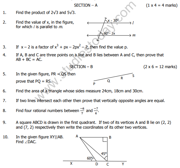 CBSE Class 9 Mathematics Sample Paper Set A