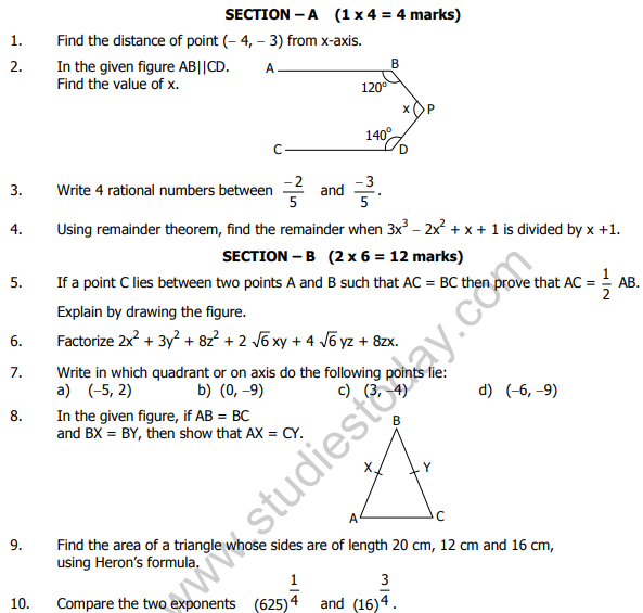 CBSE Class 9 Mathematics Sample Paper Set G