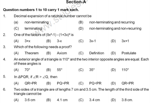 CBSE Class 9 Mathematics Sample Paper Set W