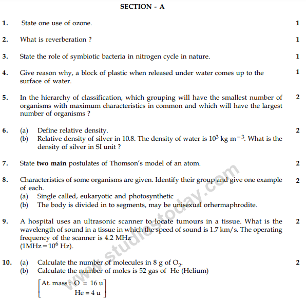 CBSE Class 9 Science Sample Paper I