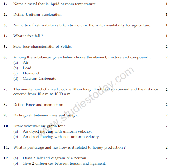 CBSE Class 9 Science Sample Paper Set 5