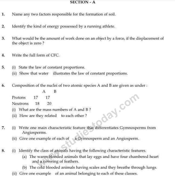 CBSE Class 9 Science Sample Paper Set Z