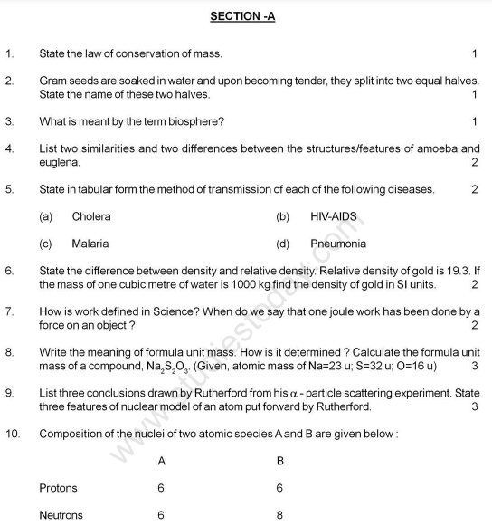 CBSE Class 9 Science Sample Paper W