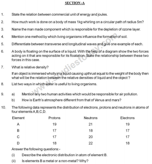 CBSE Class 9 Science Sample Paper Y