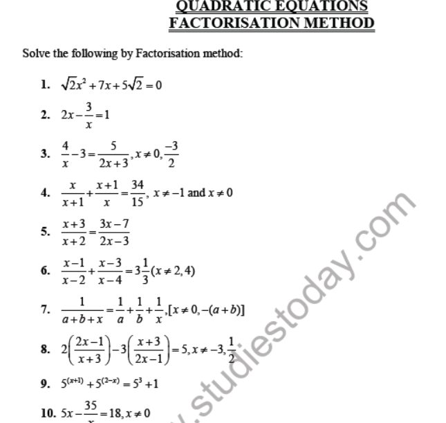 CBSE Class 10 Quadratic Equations Sure Shot Questions Set A