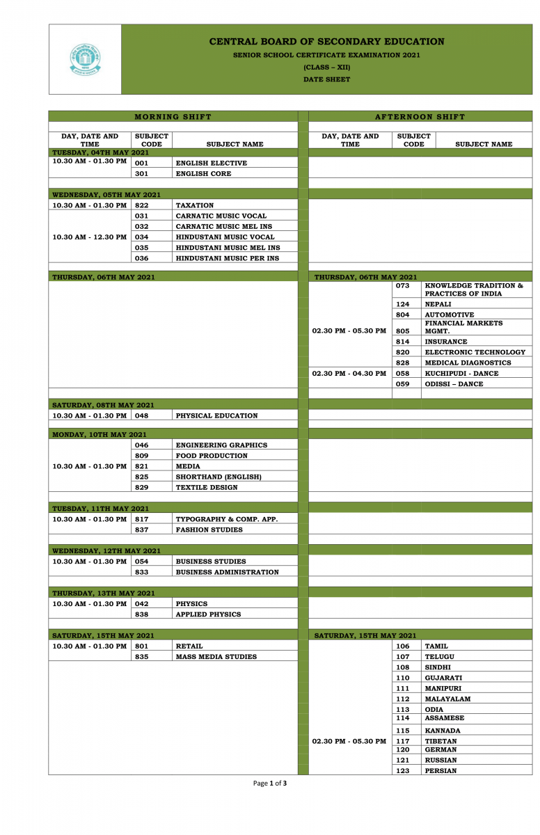 class 12 datesheet