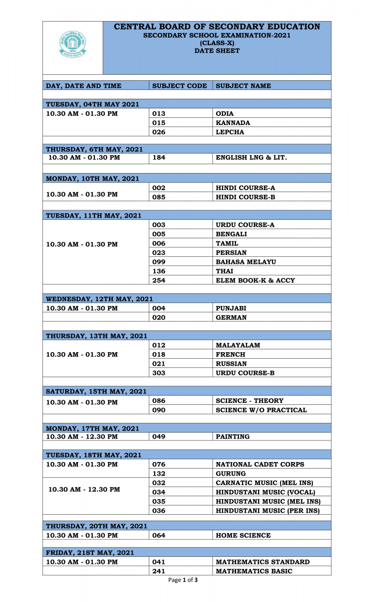 Class 10 datesheet