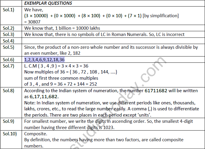 NCERT Class 6 Mathematics Chapter 1 Number System Exemplar Solutions