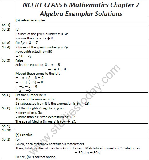 NCERT Class 6 Mathematics Chapter 7 Algebra Exemplar Solutions