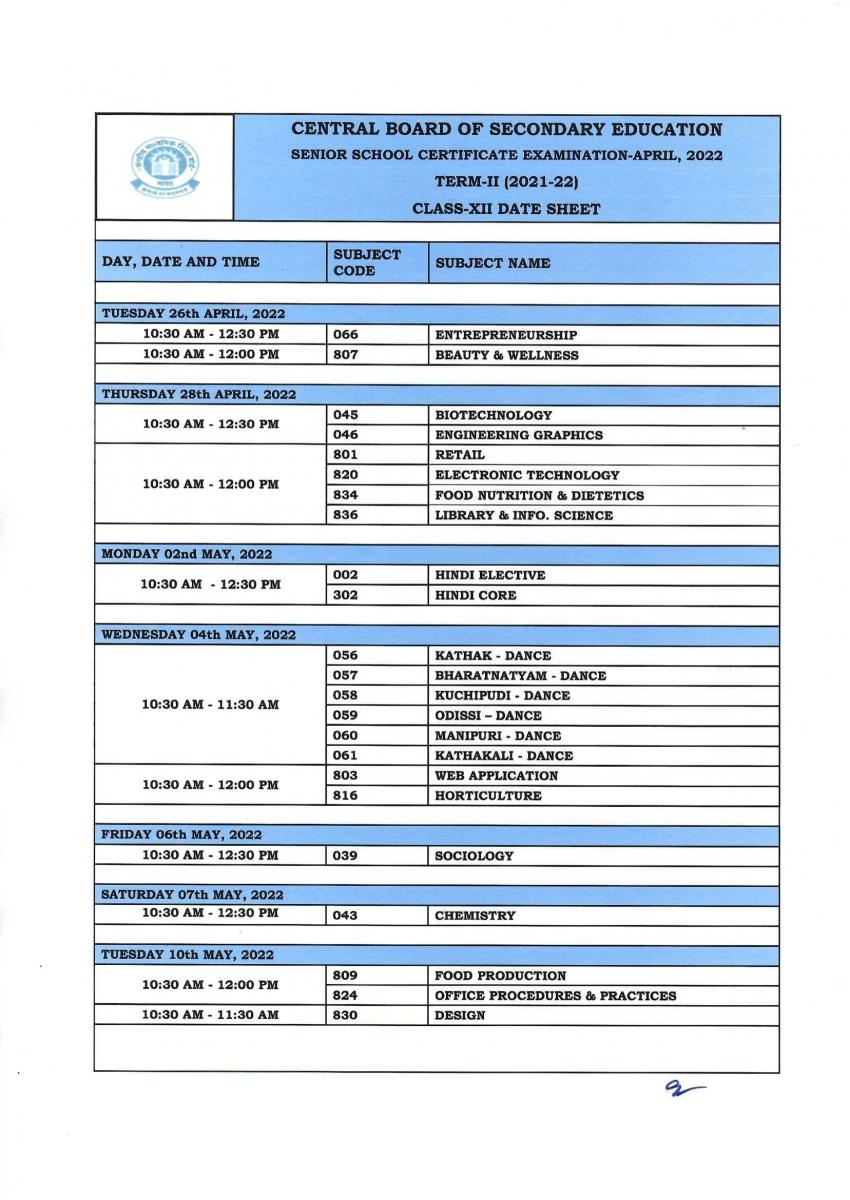 Class 12 Datesheet