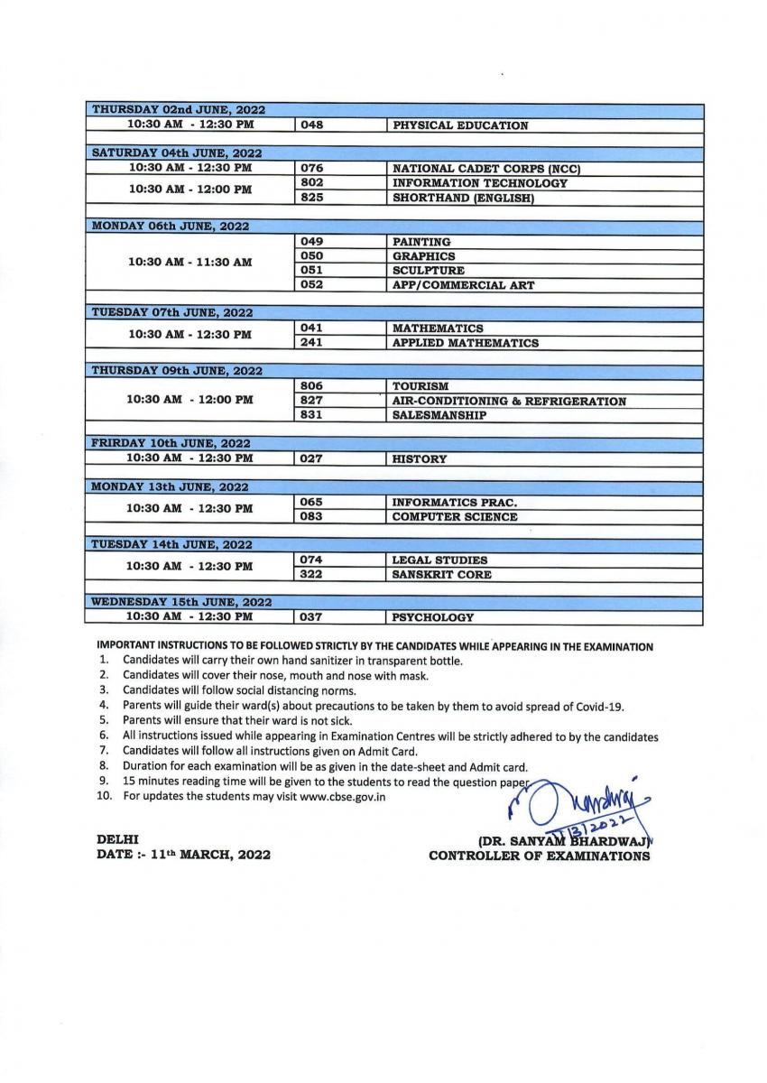 Class 12 Datesheet