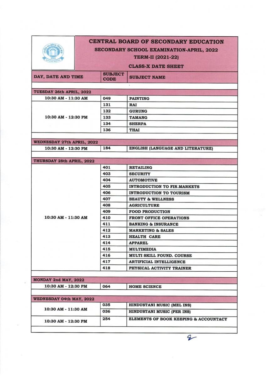 Class 10 datesheet