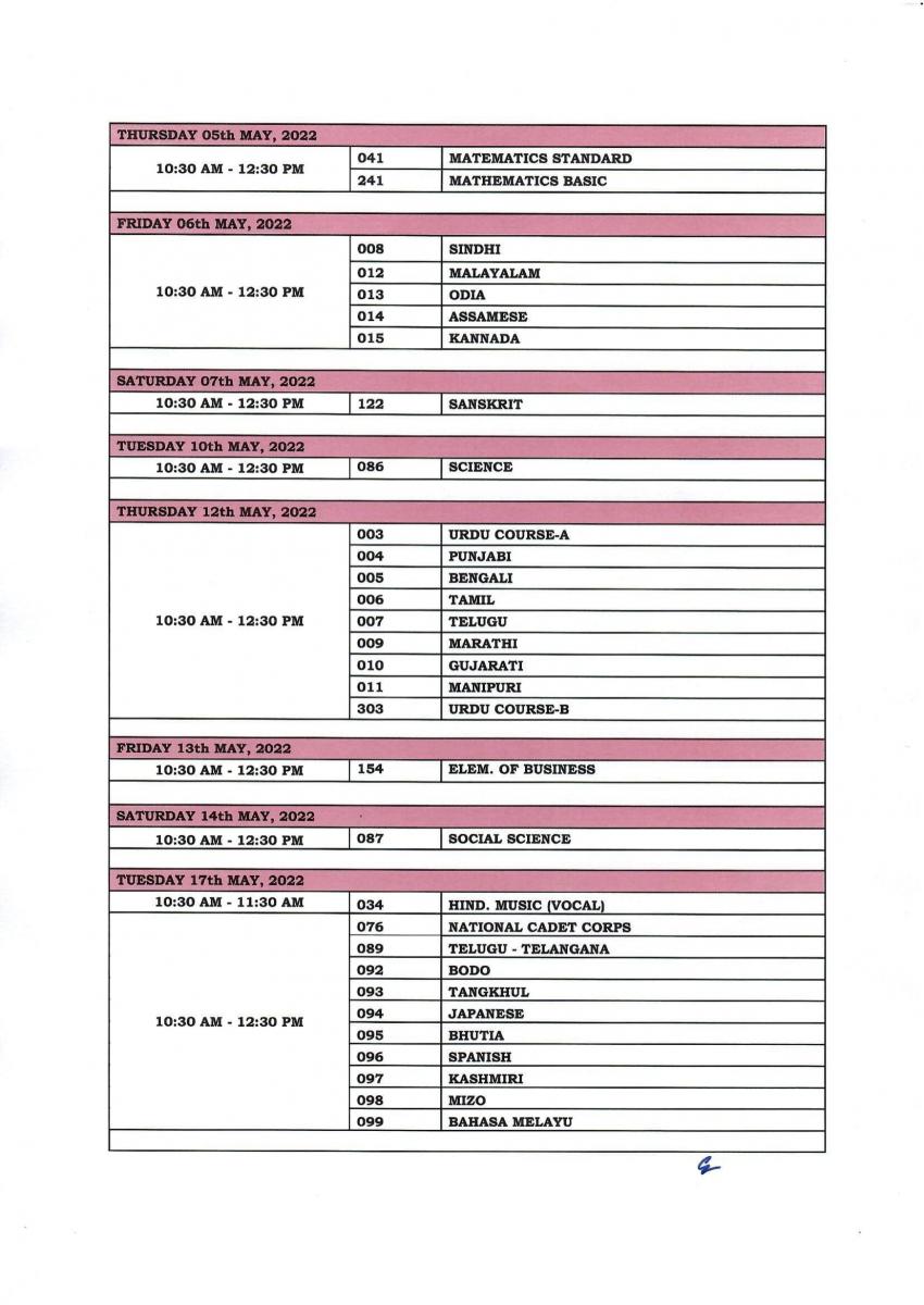 Class 10 datesheet